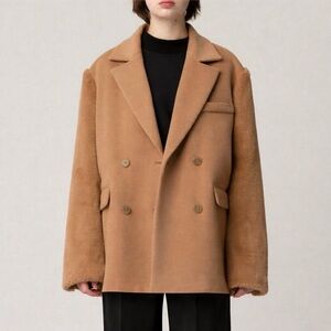 W Concept Rocket x Lunch Oversized Wool Eco-Fur Sleeve Peacoat Tan | S